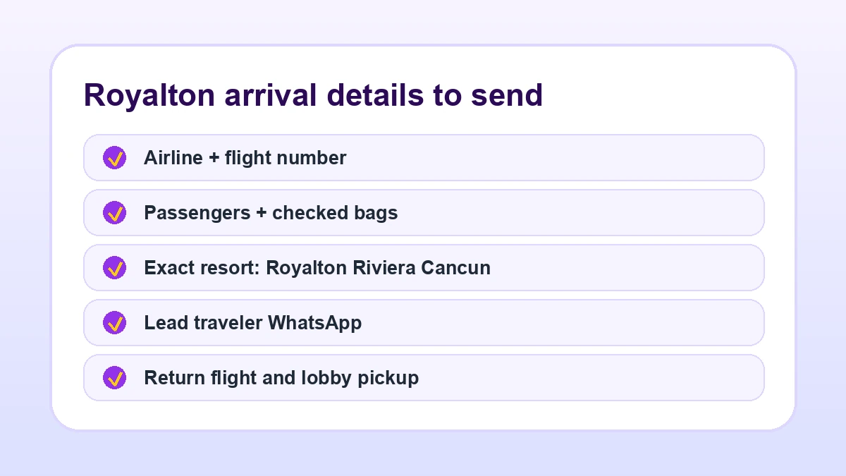 Royalton Riviera Cancun transfer details checklist for airport pickup