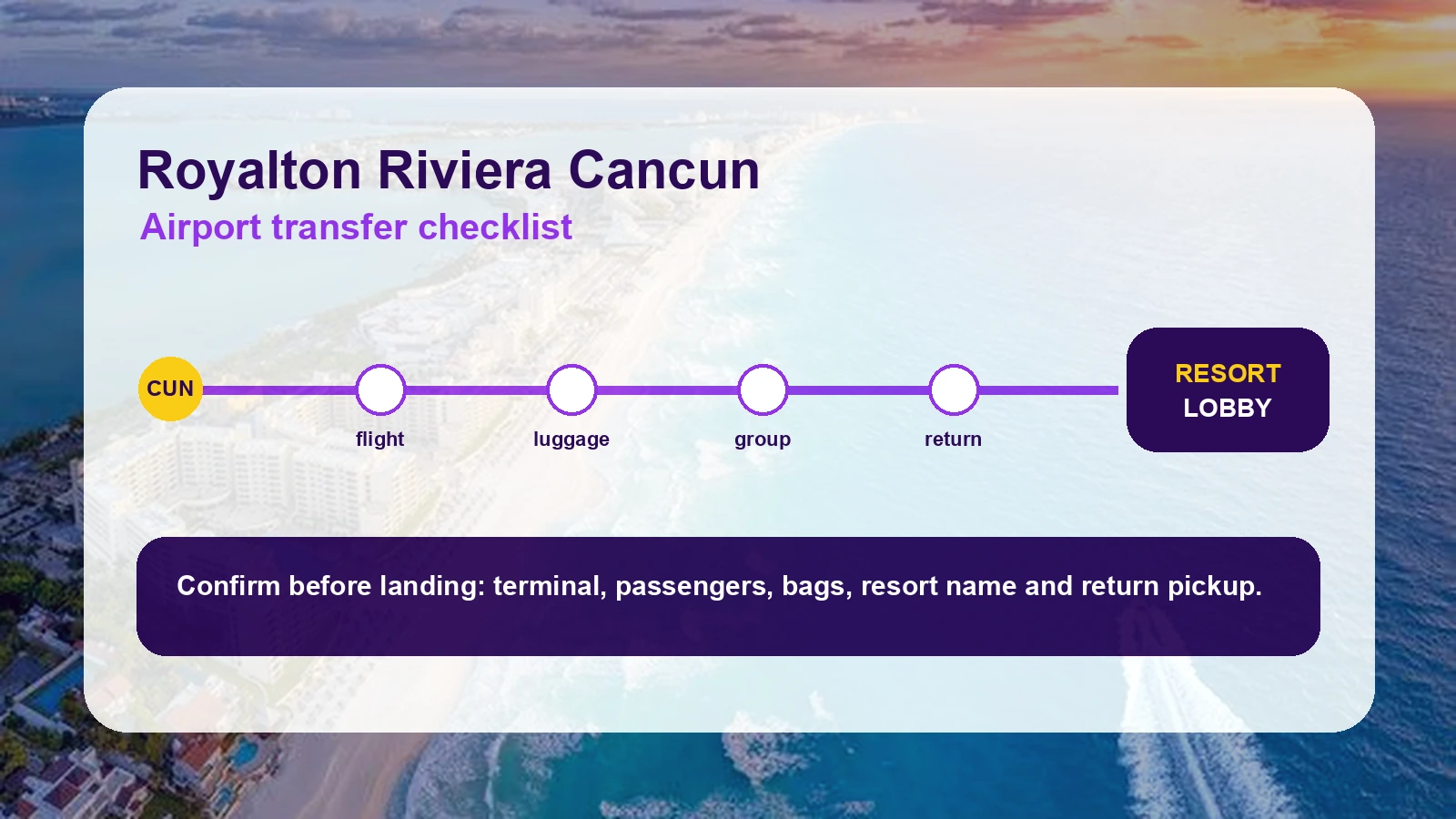 Royalton Riviera Cancun airport transfer checklist graphic by TT and More
