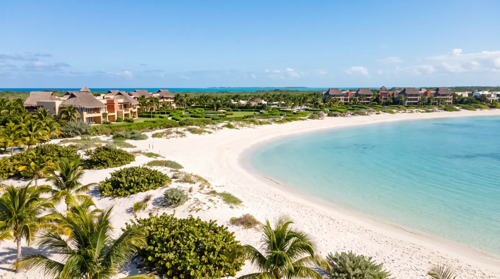 La playa amplia y tranquila de Costa Mujeres al norte de Cancún, con resorts de baja altura detrás de las dunas