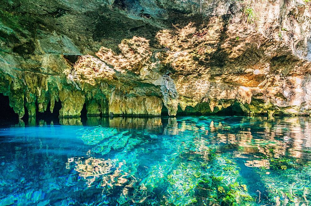 Crystal-clear water under the cave ceiling at Gran Cenote, Tulum