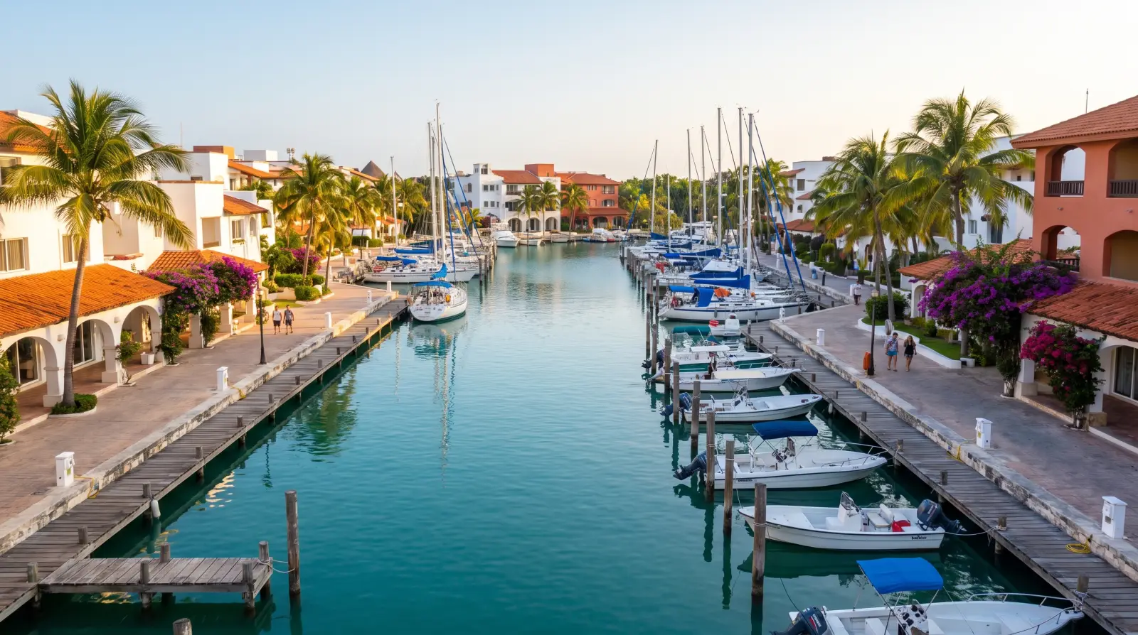 La marina de Puerto Aventuras, con veleros amarrados junto al pueblo de baja altura frente al agua