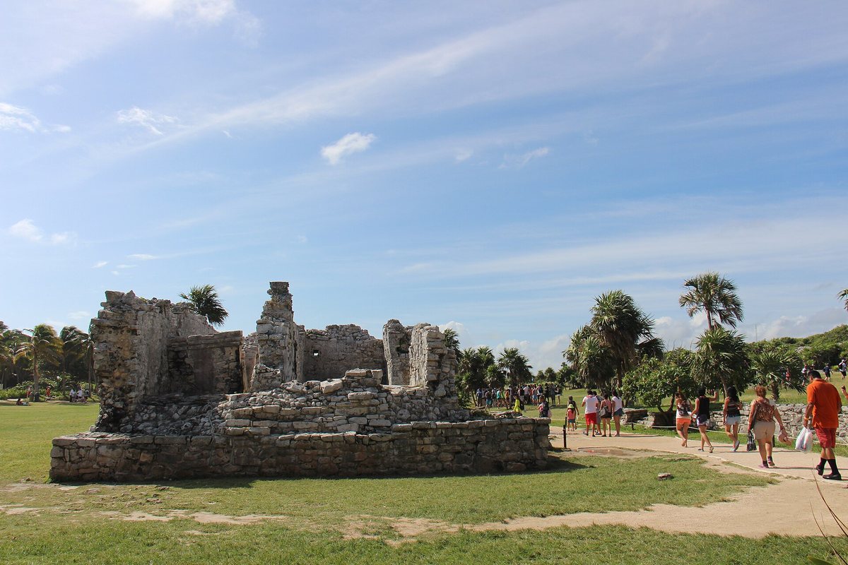 Ruinas de piedra y palmeras dentro de la zona arqueológica de Tulum